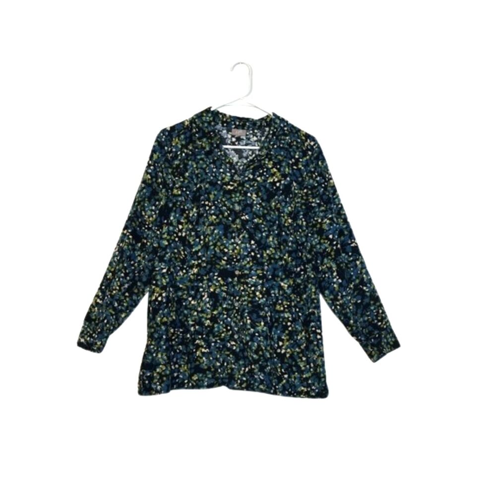 J. Jill Floral Corduroy Button Front Shirt Womens Large Petite Long Sleeve Navy